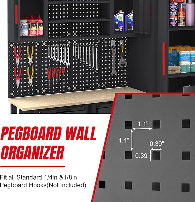 Torin Garage Storage Cabinets System, 6-Pcs Workshop Cabinet Set in Black, Included Steel Cabinets Drawers Rolling Chest and Pegboard,Locked Garage Storage Cabinet