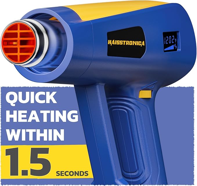 haisstronica Heat Gun with Intelligent Digital Display 2000W -Discover Hot Air Gun (140℉-1202℉) with Dual Modes-Reliable Heat Protection with 5 Nozzles for Soldering,Shrink Tubing,Wrap