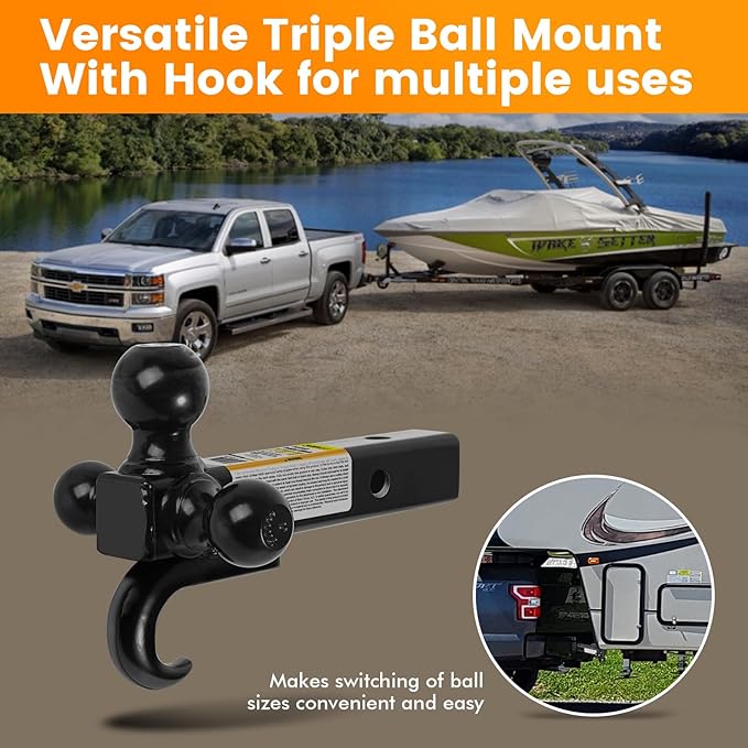 MaxxHaul Triple Ball Mount Hitch with Tow Hook, Fits 2" Receiver – 1-7/8", 2", 2-5/16" Welded Hitch Balls, Class III/IV, 10,000 lb GTW, Heavy-Duty Powder-Coated Steel – 50231