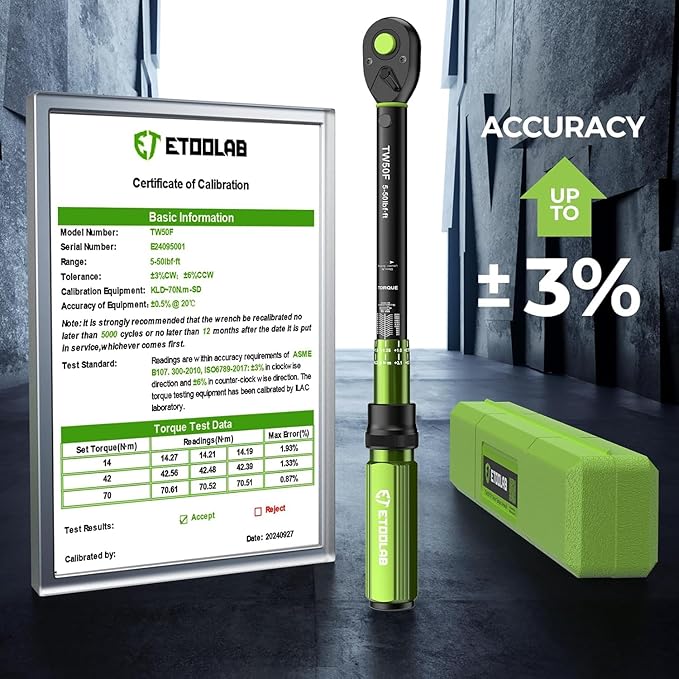 etoolab 3/8-Inch Drive Click Torque Wrench - 5-50Ft-Lb/5-69.4Nm, Dual-Direction Adjustable 72 Tooth Click Torque Wrench for Bike, Motorcycle and Car Repair