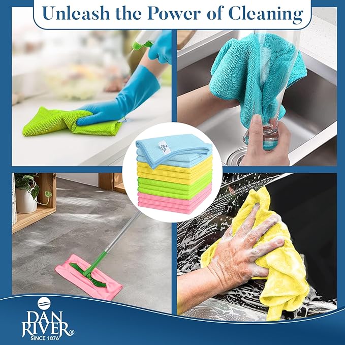 DAN RIVER 12-Pack Microfiber Towels โ Ultra Absorbent, Lint-Free & Streak-Free dishwashing Rags for Home, Car & Kitchen - Must-Have Cleaning Essentials - 12" x 12" - Assorted
