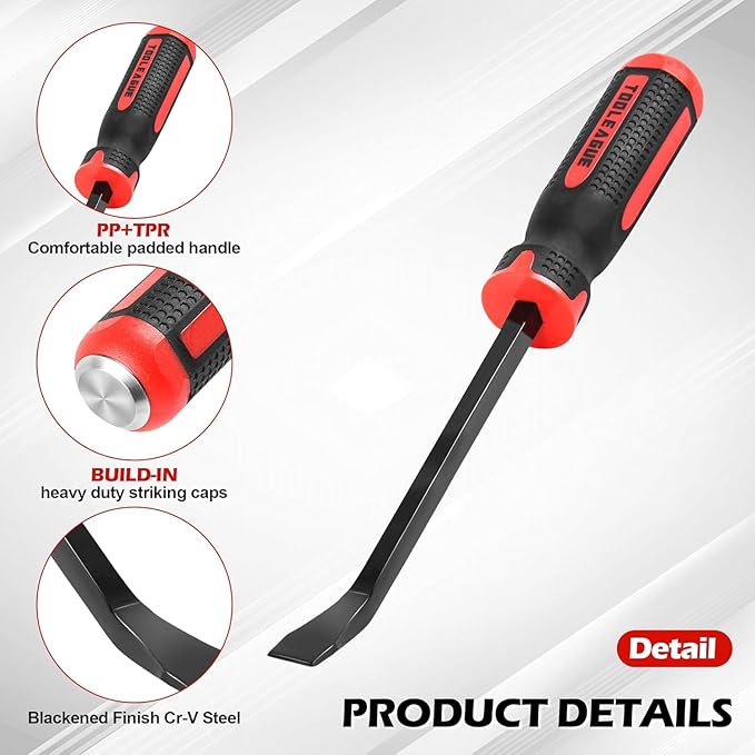TOOLEAGUE Utility 3Pcs Pry Bar Set,8",12",18"Mechanic Hand Tools with Thicker Strike Cap Handle,Heavy Duty Pry Bar Tools for Automotive,Black and Red