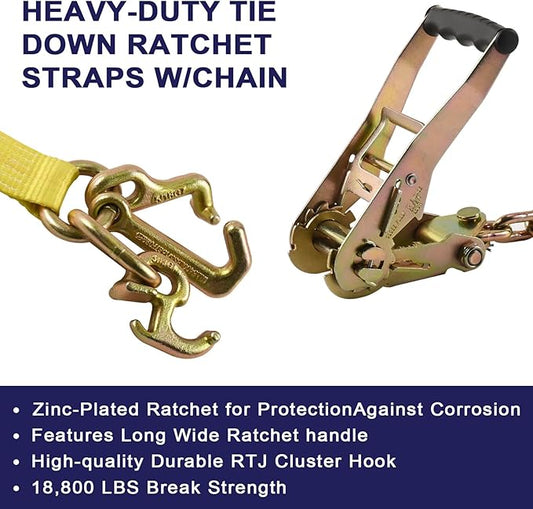 Tie Down Chain Ratchet Straps with 5/16" G70 RTJ Cluster Hook, 18,800 lbs, Heavy Duty Roll Back Car Hauler Tow Ratchets with Chain, for Auto Towing & Recovery, 4 Pack
