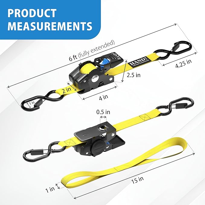 HandT USA Based Retractable Ratchet Straps (2PK) 1in x 6ft - 1,500lb Break Strength, Heavy Duty Automatic Ratchet Straps Self Retractable Tie Down, Push Button Retracting Truck Trailer Cargo | Yellow