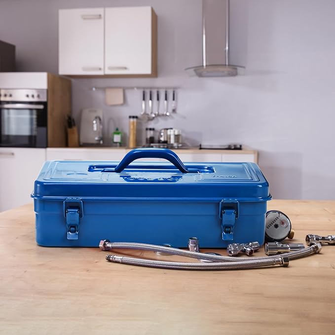 Portable Steel Tool Box, 16 Inch Metal Tool Organizer Box with Double Latch Closure and Handle, Heavy Duty Storage Toolbox Chest for Workshop, Garage, Warehouse, Household, Blue
