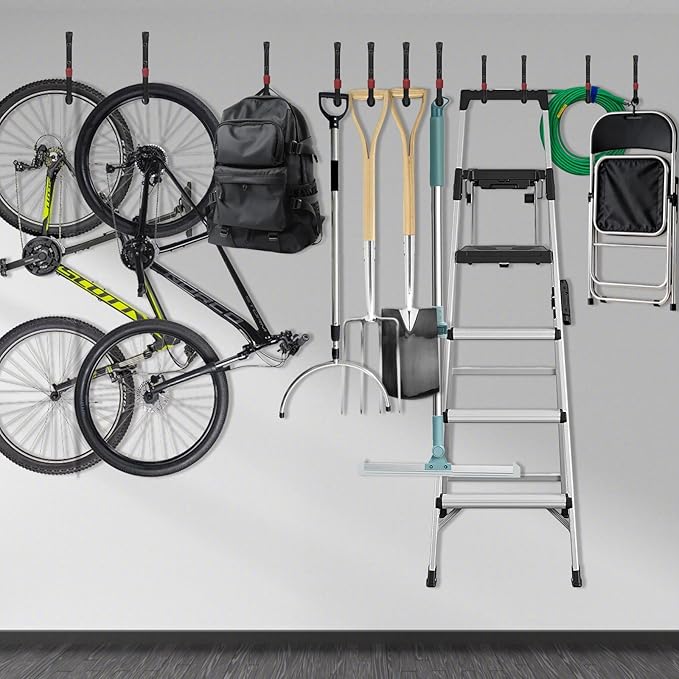 6 Pack Garage Hooks Heavy Duty, 4.41 Inch Easy to Install Steel Ladder Storage Hooks, Wall Mount Organizer with EVA Pads for Kayaks, Bikes, Chairs, Tools