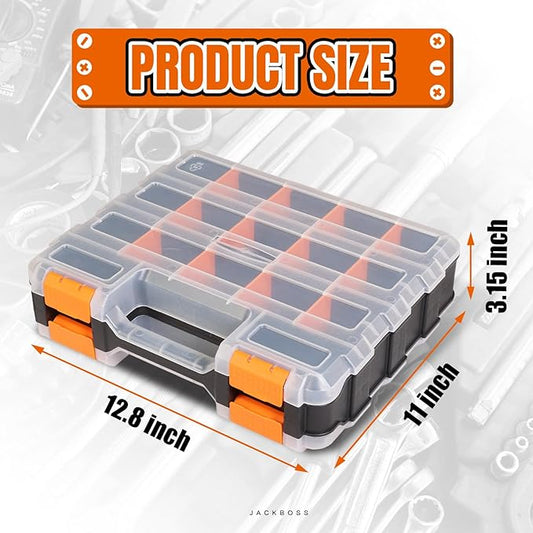 Tool Box with Transparent Lid, Double Side 34-Compartments Organizer Box with Removable Dividers for Hardware, Screws, Bolts, Nails, Beads, Jewelry and Fishing Accessories, Orange, 2 Packs