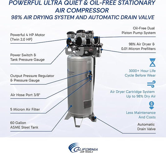California Air Tools 60040DCADC 4.0 HP Ultra Quiet and Oil-Free Air Compressor, 60 Gallon Steel Tank, 75 dBA Noise Level, with Air Drying System and Auto Drain
