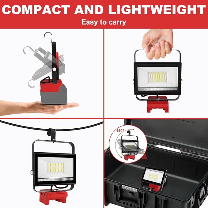 60W 6000LM Cordless Work Light Compatible with Milwaukee 18V Battery (Battery Not Included), Portable LED Flashlgiht Flood Light with USB &Type C Charging for Job Site, Emergency, Camping