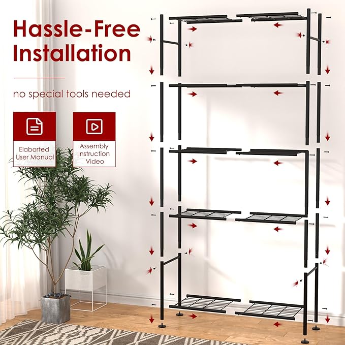 Sakugi Storage Racks - 2 Pack, 5-Tier Freestanding Steel Shelving Units with Reinforced Frame, Adjustable Garage Organization Shelves for Warehouse, Basement, Workshop, 33.5" x 12.6" x 72", Black