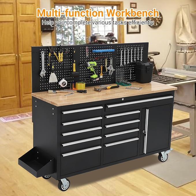 IDEALHOUSE 61-inch Rolling Tool Chest, 10 Drawers Garage Workbench Storage Tool Cabinet with Power Strip, Solid Rubber Wood Top, 1675 LBS Load Mobile Workstation, Heavy Duty Rolling Cabinet, Black