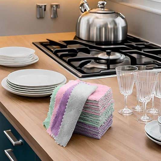 24PCS Kitchen Dishcloth, Microfiber Washcloth, Soft Cleaning Cloths, Coral Fleece/Lint Free/Absorbent/Quick Dry/Nonstick Oil Rags, Reusable Washable Tea Towel, 6''x10'' (Pink)