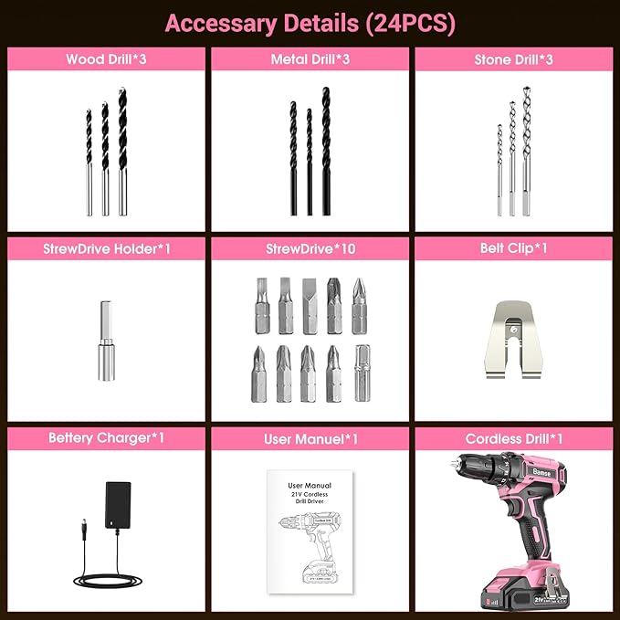 Pink Cordless Drill Set, 21V Electric Power Drill for Women with 2.0Ah Battery Charger, 3/8”Keyless Chuck, 2 Variable Speed, 18+1 Torque, 20pcs Driver Bits and Belt Hook for DIY Projects