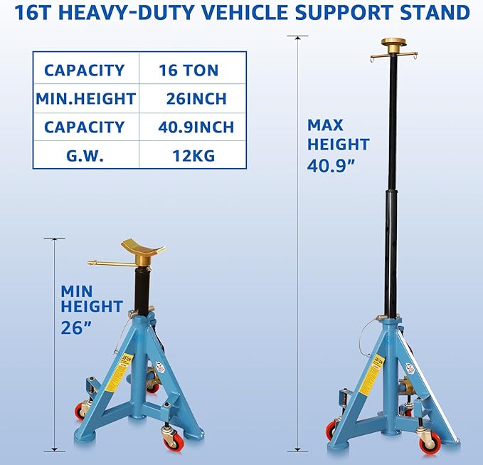 HKTE 16 Ton Heavy Duty Jack Stand with Wheels & Patented Handle, Dual Interchangeable Tops, 35,000 lbs Capacity, Adjustable Height (26"-40.9") for Trucks, Pickups, SUVs, Farm Vehicles, Auto Repair
