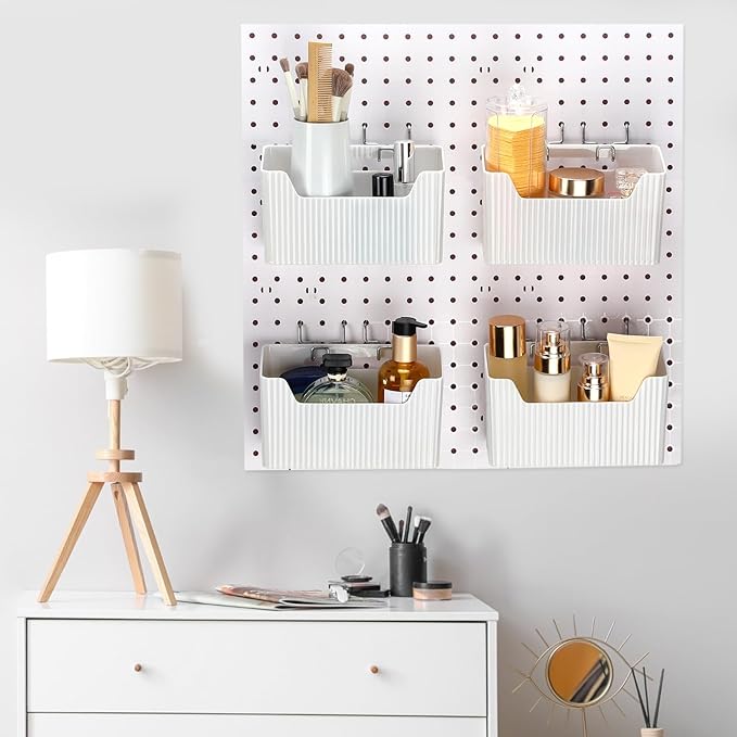 Suzile 4 Pcs Pegboard Bins Plastic Bins Set 7.9 x 3.3 x 4.7'' Pegboard Containers with Metal Hooks Organizing Assortment Accessories for Organizing Storage Tools Storage Workbench Garage (White)