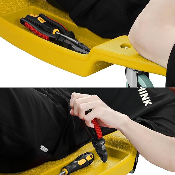 PM PERFORMOTOR Inches Heavy-Duty Low-Profile Roller Automotive Creeper with Padded Headrest, Yellow, PM-TOL-CPC48-YL