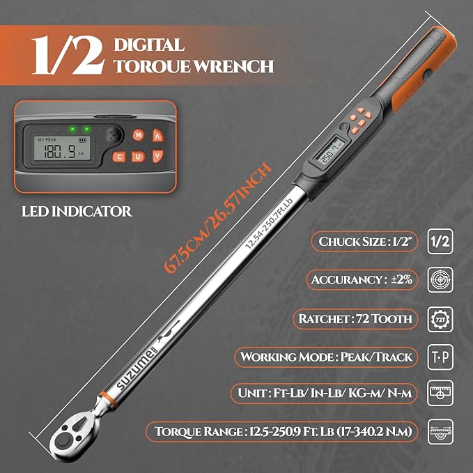 SUZUME Digital Torque Wrench (12.5-250.9 Ft. Lb/ 17-340.2 N.m) ±2% High Accuracy Digital Torque Wrench 1/2 Drive Dual-Direction Adjustable Torque Wrenches Digital with Buzzer and LED Flash