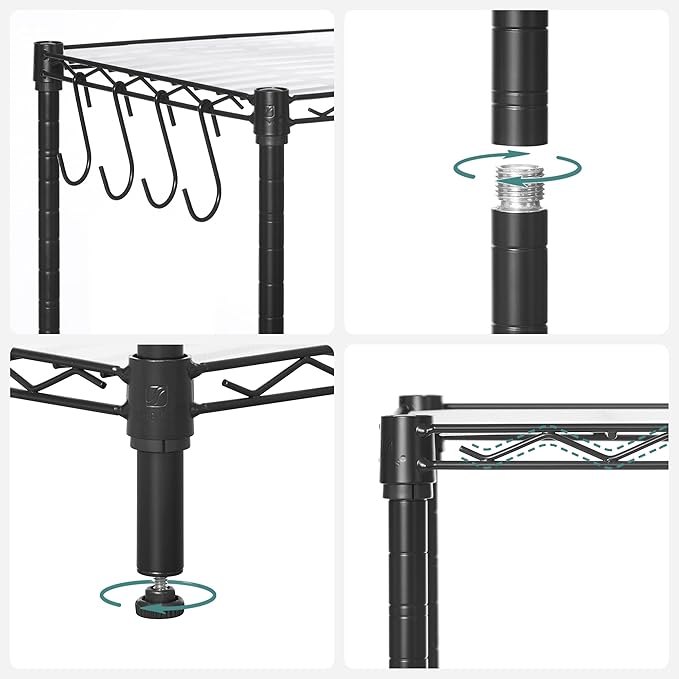 SONGMICS 6-Tier Storage Shelves, Wire Shelving Unit, Kitchen Metal Shelves, Storage Rack with Adjustable Shelves, Shelf Liners, 8 Hooks, for Garage, 13.8 x 35.4 x 69.7 Inches, Black ULGR096B01