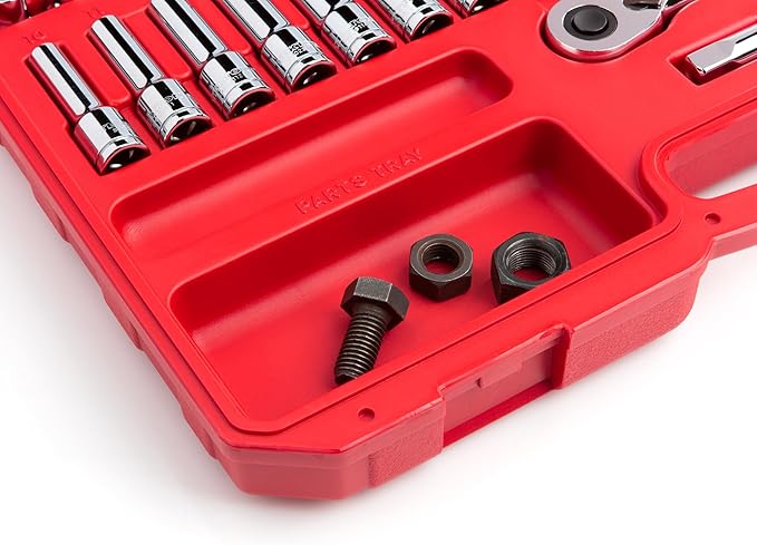 TEKTON 1/2 Inch Drive Shallow and Deep 6-Point Socket and Ratchet Set with Case, 57-Piece (3/8 - 1 in., 10 - 24 mm) | SKT25301