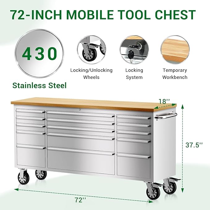 CHETTO C 72" Tool Cabinet Chest with 15 Drawers Mobile Rolling Workbench Large Tool Box Lockable Storage Cabinet with Wheels for Garage Workshop Stainless Steel 2 Pack