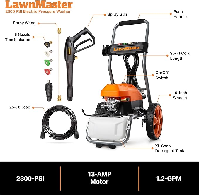 LawnMaster LT2100B Electric Pressure Washer 2300 PSI MAX 13 Amp 1.2 GPM CSA Certified with 5 Nozzles Powerful Storage Organization