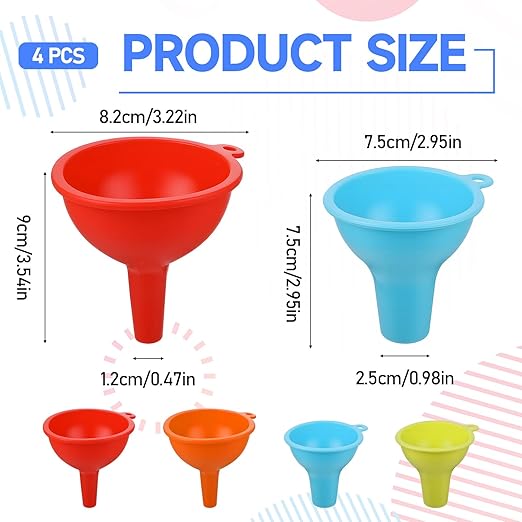 4 Pcs Kitchen Silicone Funnel Kitchen Funnels Set Wide Mouth Funnel Flexible Condiment Funnels for Small Canning Daily Cooking and Water Bottle Liquid Oil or Powder Transfer (Multi Color)