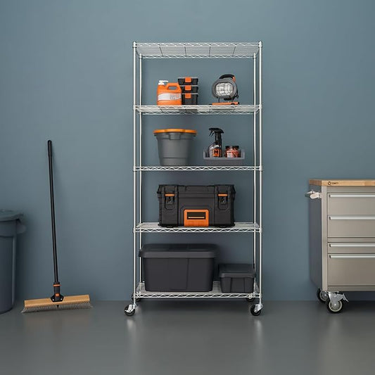 5-Tier Adjustable Wire Shelving with Wheels, Wire Shelf Rack for Kitchen Organization, Garage Storage, 400 to 2000 Pound Capacity, NSF Certified, 36” x 18” x 72”, EcoStorage Chrome