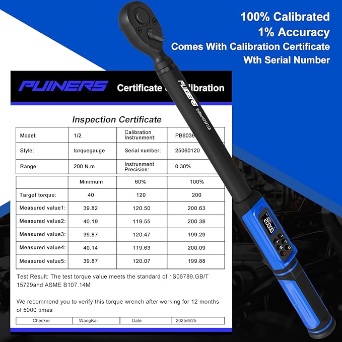1/2" Digital Torque Wrench 2.2-147.5 Ft.lb/ 3-200 Nm, Digital Electronic Torque Wrench ±1% Accuracy, 5 Units LCD Screen with Buzzer & LED Alarm for Cars,Motorcycles,Bicycle