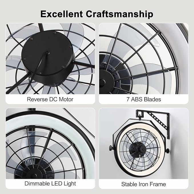23" Wall Mount Fan with Light,3 CCT, Dimmable,Quiet 6 Speed Wall Mounted Fan with Remote/App Control, Timer, 360° Adjustable Tilt Plug in Wall Fan for Garage,Patio,Tool Room,Home