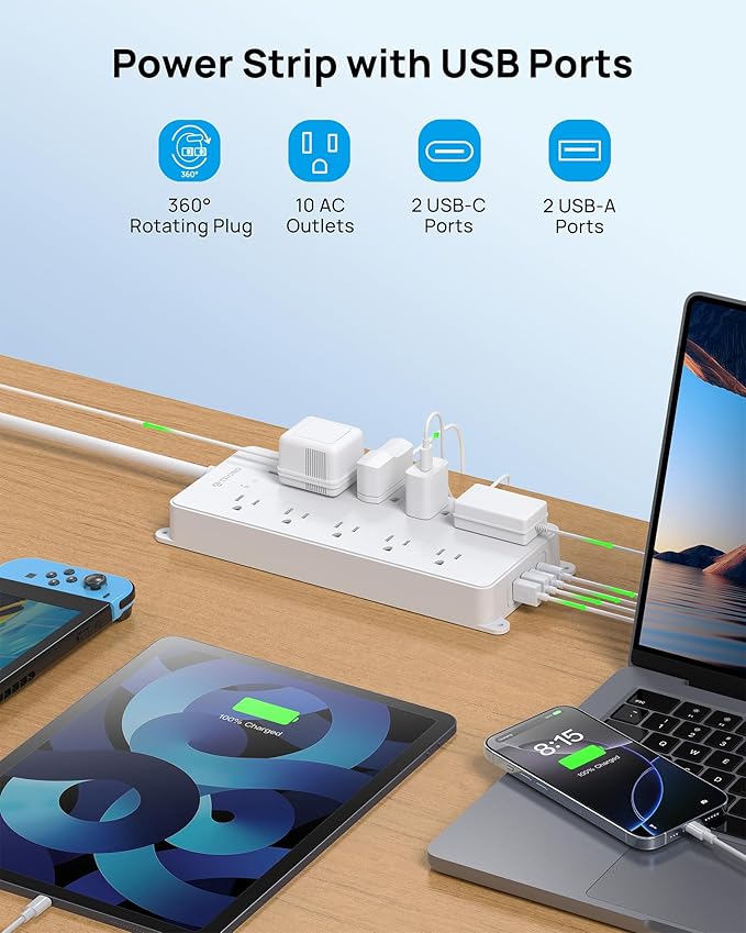 TROND 360° Rotating Plug Power Strip 10ft, Surge Protector with 2 USB A and 2 USB C, 10 Widely Spaced Outlets, 4000J, ETL Listed, Wall Mountable, for Home Office Entertainment, White