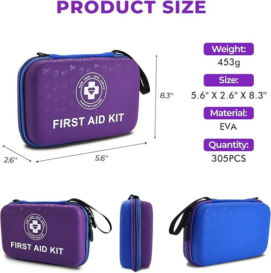 Premium First Aid Kit - 305 Piece Dual-Color Emergency Kit with Hard Shell & Fluorescent Interior Coating, Compact Survival Kit for Home, Car, Travel, Hiking & Outdoor(Blue/Purple)