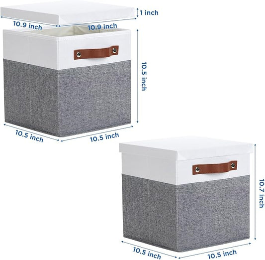 Temary Foldable Fabric Storage Bins with Lids, 2-Pack Storage Bin for Organizing Living Room, Closet Organization, Multi-Purpose Storage Boxes for Clothes (White&Grey, 10.5x10.5x10.5in)