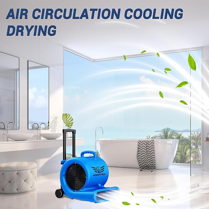 5000 CFM 1HP Air Mover Blower Fan, Floor Blower Dryer - Timer for Industria, 3 Speeds, 4 Adjustable Angles, Handle Wheelkit, 15Ft Long Cord Portable, Stackable - 2026 Upgraded, Blue