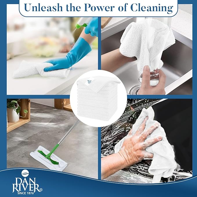 DAN RIVER 24-Pack White Microfiber Towels โ Ultra Absorbent, Lint Free Towels & Streak-Free for Home, Car & Kitchen - Must-Have Cleaning Essentials - 12" x 12"