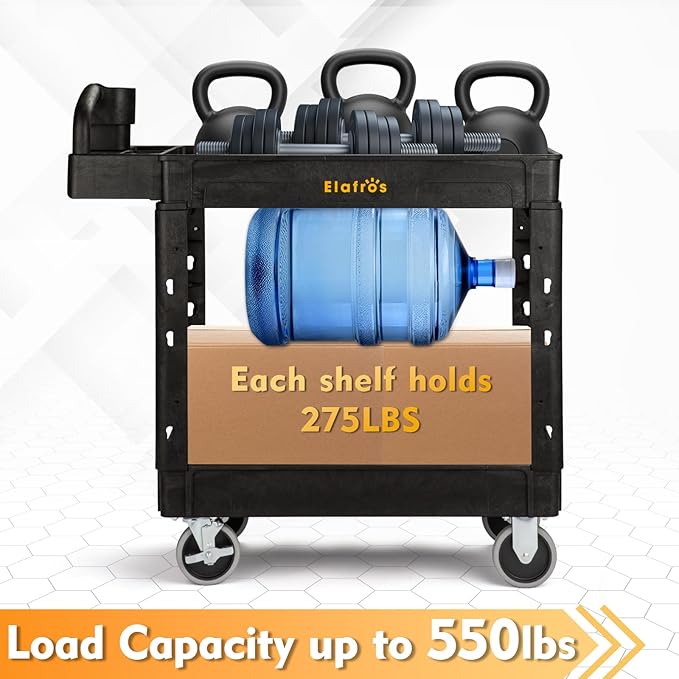 ELAFROS Utility Cart with Ergonomic Handle and Built-in Tool Compartments - 37.5" x 17" Work Cart W/Deep Shelves Safely Holds up to 550 lbs - 2 Tier Rolling Cart,Black