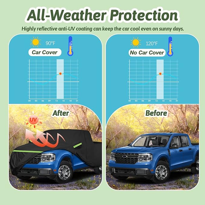 Truck Car Cover for 2021-2025 Ford Maverick, 210T Sun Rain UV Dust Snow Protection Waterproof 4.5 Feet Bed Pickup Covers with Zipper Door & Windproof Bands for Ford Maverick XL/XLT/Lariat-(Black)
