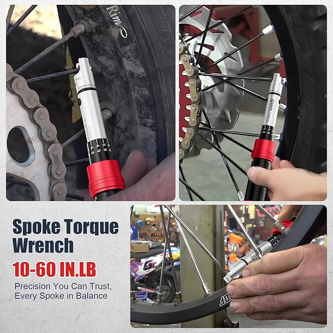 VANPO Spoke Torque Wrench 10–60 in-lb, 1/4" Drive Small Torque Wrench Kit with 9 Spoke Wrench Heads (5.1-6.9mm) & Spline, Motorcycle Spoke Wrench for Mountain, Road Bike & Motorcycle Wheel Maintenance