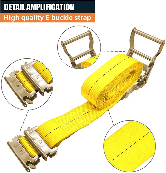 10Pack E Track 2 Ratchet Strap Etrack Van Strap Box Truck Straps Accessories Heavy Duty 12ft E Track Accessories 4400lbs Breaking Load, 2200 Working Load Yellow