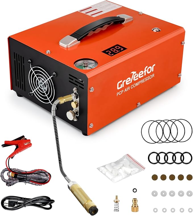 PCP Air Compressor 4500Psi/30Mpa, 350W Oil-Free Fast Fill Pump with Auto Shut-Off, Dual Power 12V DC & 110V/220V AC, Portable Air Pump Paintball, Air Rifle, Airguns HPA Tanks(Compact)