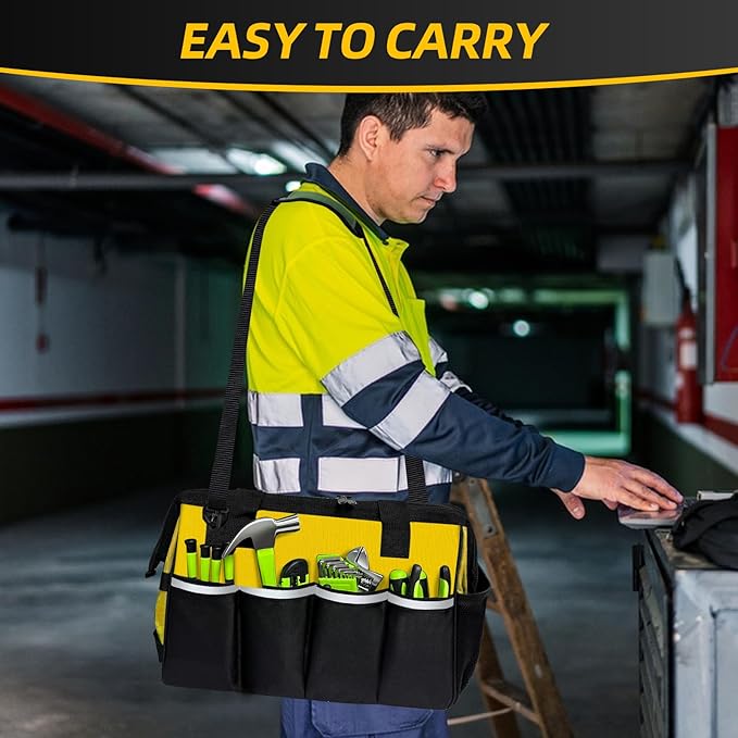 NECKORY Tool Bag, Portable Tool Box Organizer Adjustable Shoulder Strap, Carry Tool Tote Heavy Duty Tool Storage Bag With Wide Mouth,Tool Bags for Men Mechanic EngineerGift - L, Yellow & Black