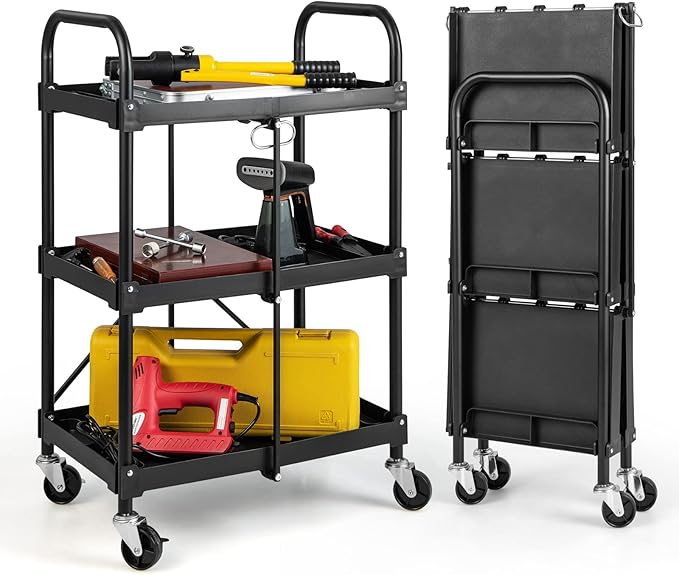 Nightcore Folding Utility Cart, 3-Tier Food Service Cart w/Lockable Wheels, 330LBS Capacity, Heavy-Duty Metal Frame Collapsible Utility Cart, Rolling Tool Cart for Home Garage