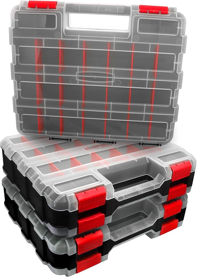 Double Side Tool Box Organizer, Hardware Storage Box, Portable Small Parts Organizer with Removable Plastic Dividers for Screws, Nuts, Nails, Bolts (Red)
