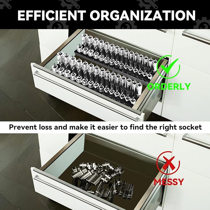 8PCS Socket Organizer Tray Set,SAE & Metric Socket Trays, 2PCS 1/4", 4PCS 3/8", 2PCS 1/2" Drive Deep and Shallow Socket Holders for Toolboxes (8pcs socket organizer)
