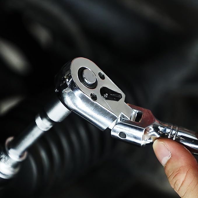 3/8-Inch Drive Flex Head Ratchet With Long Handle - 72 Tooth Quick Release Swivel Socket Wrench - Cr-Mo Head, Flexible Handle - 18/457mm