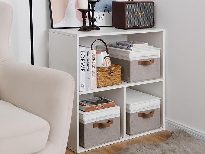 StorageWorks Storage Bins with Lids, Decorative Storage Boxes with Lid and PU Handles, Foldable Storage Baskets for Closet, Shelves, Stackable, Brown and White, 3-Pack
