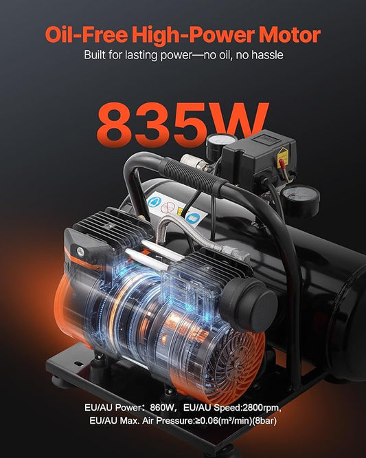 VEVOR Air Compressor, 2 Gallon Steel Tank, 1HP 2.1CFM @ 90PSI Oil Free Air Compressor & Max. 120PSI Pressure, 81dB Ultra Quiet Portable Compressor for Auto Repair, Tire Inflation, Spray Painting, 120V