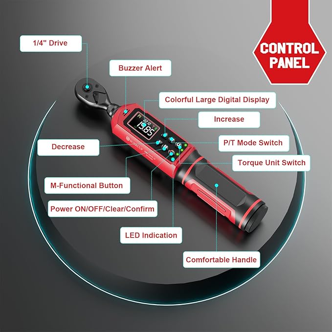 1/4-inch Digital Torque Wrench(0.33-22.1Ft.Lb/0.45-30N.m) ±1% Accuracy Digital Torque Wrench with Vibration, Buzzer,LED Notification and Five Units of Measure, for Bike, DIY and Home Repair