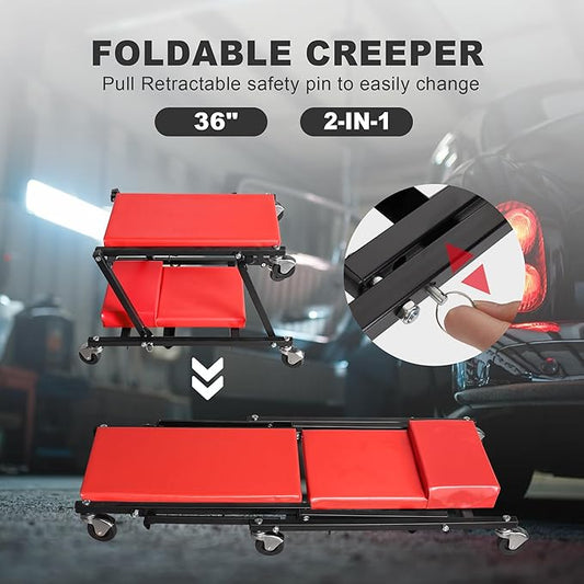Big RED 36" Rolling Foldable Automotive Creeper, Car Creeper, 2-in-1 Garage Shop Creeper for Auto Repair, 300 Lbs Capacity, Red,TAM6505RR Torin