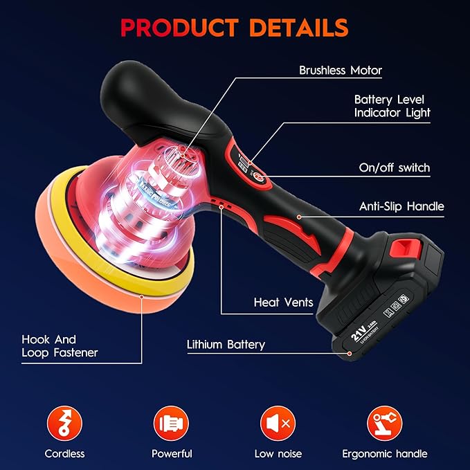 Cordless Car Buffer Polisher, 6 Inch Orbital Polisher Kit with 2x21V Batteries & 21 PCS Attachments - 8 Speeds Variable Max 6000RPM Car Buffer for Car Detailing, Waxing, Polishing, Scratch Removing