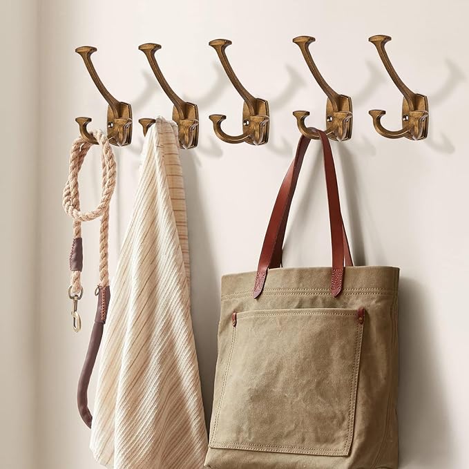 Large Wall Double-Sided Hook 5 Pack Antique Brass Hook Decorative Heavy Duty Solid Large Coat Hooks for Towel Hanging Coats Robe Towel Bags Door Back 2 Prong Hooks